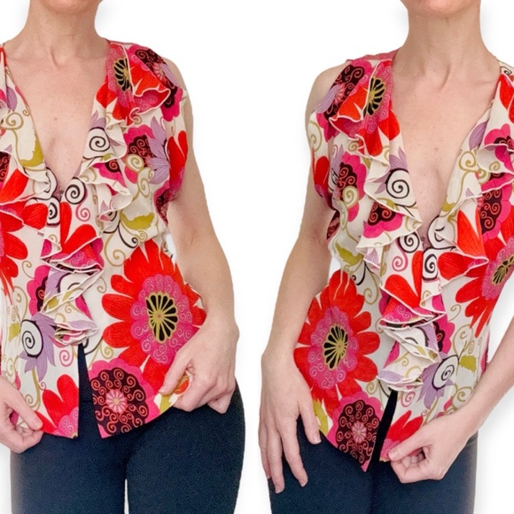 Trina Turk Mid MOD Hippie Floral (Print) Silk Ruffle Front Blouse Top, sz. S - Picture 1 of 17